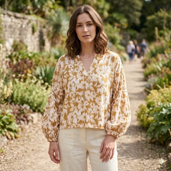 Line @ Moda Tops - Line @ Moda Women's Italian Brown Abstract Floral Longsleeved Blouse Size Large